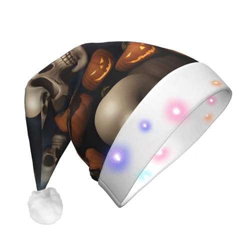 BREAUX Halloween Schädel Druck Flanell Nikolausmützen Unisex Weihnachten Nikolausmütze mit LED-Lichtern Plüschmütze von BREAUX