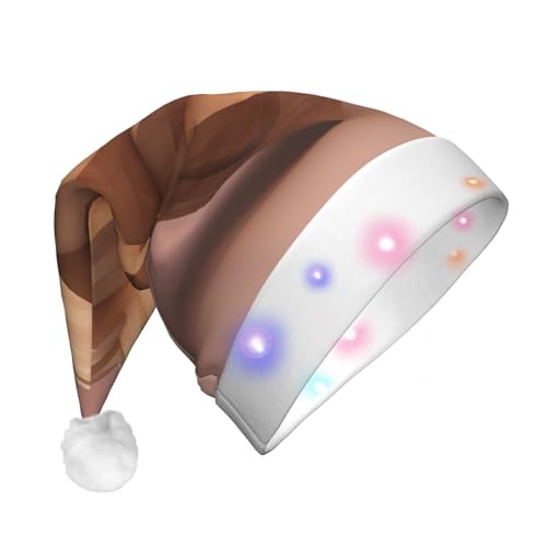 BREAUX Holz Herz Druck Flanell Nikolausmützen Unisex Weihnachten Nikolausmütze mit LED-Lichtern Plüschmütze von BREAUX