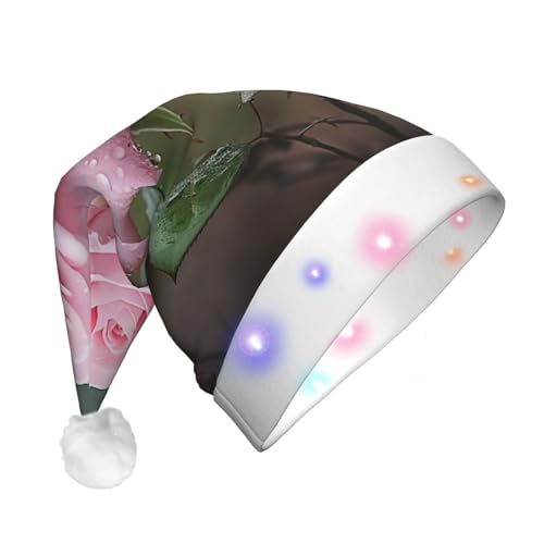 BREAUX Hübsche Rosen Druck Flanell Nikolausmützen Unisex Weihnachten Nikolausmütze mit LED-Lichtern Plüschmütze von BREAUX