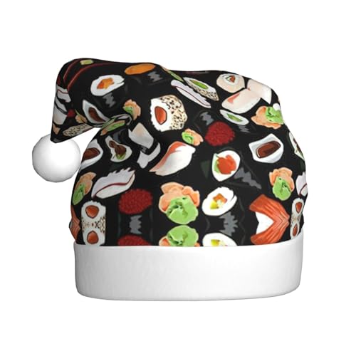 BREAUX Japanische Sushi-Weihnachtsmütze mit schwarzem Druck, Weihnachtsmannmütze für Erwachsene, Uni, bequem, Weihnachtsmütze für Neujahr, festliche Party von BREAUX