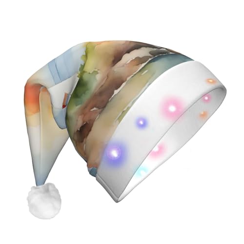 BREAUX Leuchtturm Druck Flanell Nikolausmützen Unisex Weihnachten Nikolausmütze mit LED-Lichtern Plüschmütze von BREAUX