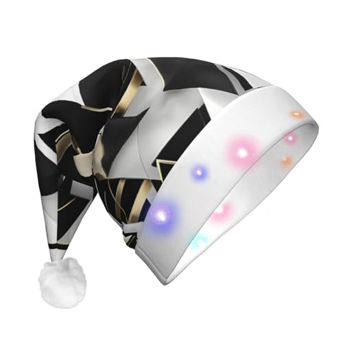 BREAUX Modische, moderne schwarz-weiß-goldene Dreiecksdruck-Flanell-Weihnachtsmannmütze, Unisex, Weihnachtsmannmütze mit LED-Lichtern, Plüschkappe von BREAUX
