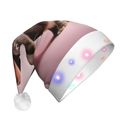BREAUX Niedliche Kaninchen-Druck Flanell Nikolausmützen Unisex Weihnachten Nikolausmütze mit LED-Lichtern Plüschmütze von BREAUX