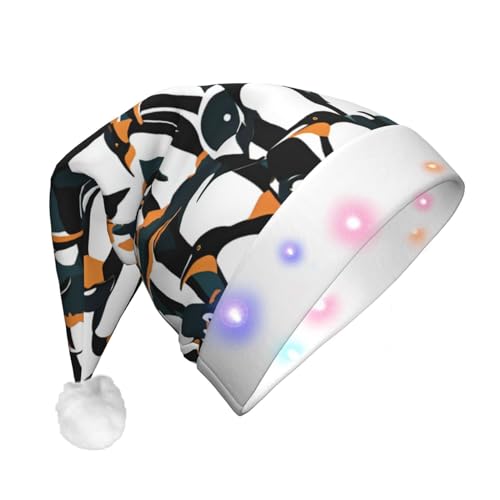 BREAUX Niedliche Pinguin-Tiermuster-Druck-Flanell-Weihnachtsmannmütze, Unisex, Weihnachtsmannmütze mit LED-Lichtern, Plüschkappe von BREAUX