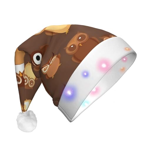 BREAUX Niedliche braune Cartoon-Eule Druck Flanell Nikolausmützen Unisex Weihnachten Nikolausmütze mit LED-Lichtern Plüschmütze von BREAUX