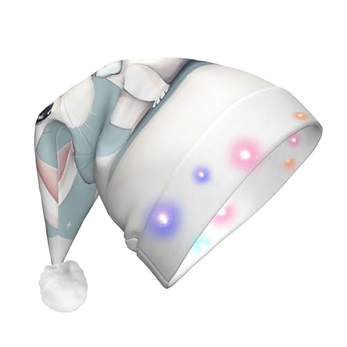 BREAUX Niedlicher weißer Hasen-Druck, Flanell, Weihnachtsmannmütze, Unisex, Weihnachtsmannmütze mit LED-Lichtern, Plüschkappe von BREAUX
