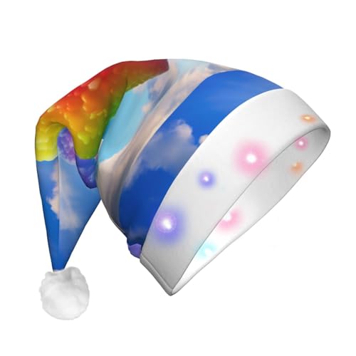 BREAUX Regenbogen-Herzen Druck Flanell Nikolausmützen Unisex Weihnachten Nikolausmütze mit LED-Lichtern Plüschmütze von BREAUX