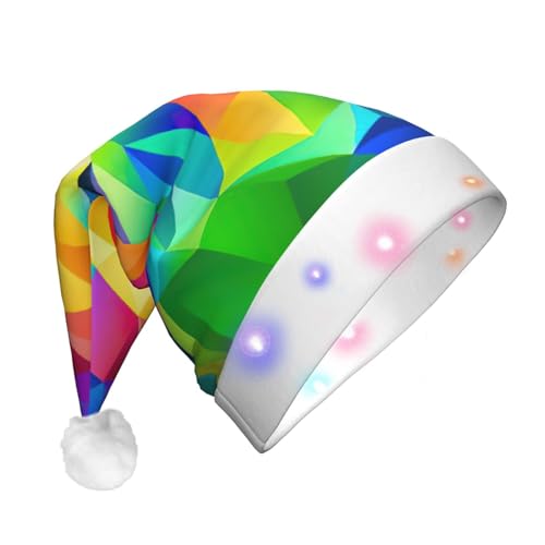 BREAUX Regenbogen-geometrischer Druck, Flanell, Weihnachtsmannmütze, Unisex, Weihnachtsmannmütze mit LED-Lichtern, Plüschkappe von BREAUX
