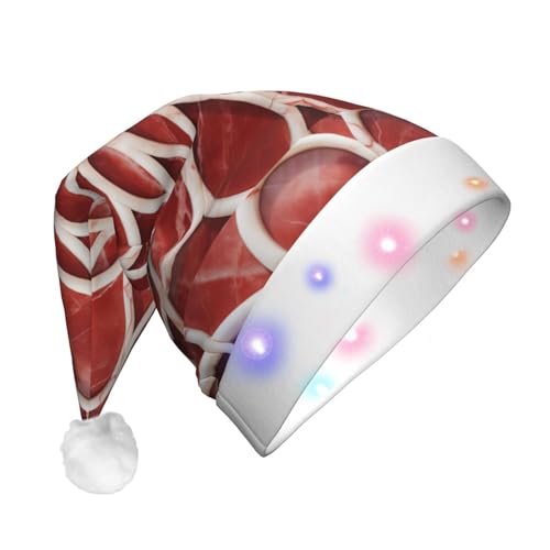 BREAUX Rot Weiß Marmor Muster Druck Flanell Nikolausmützen Unisex Weihnachten Nikolausmütze mit LED-Lichtern Plüschmütze von BREAUX