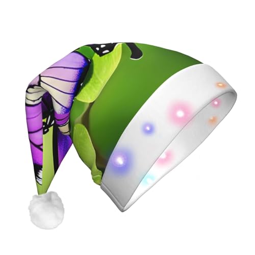 BREAUX Schmetterling lila Druck Flanell Nikolausmützen Unisex Weihnachten Nikolausmütze mit LED-Lichtern Plüschmütze von BREAUX