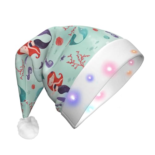 BREAUX Schöne Meerjungfrau Druck Flanell Nikolausmützen Unisex Weihnachten Nikolausmütze mit LED-Lichtern Plüschmütze von BREAUX