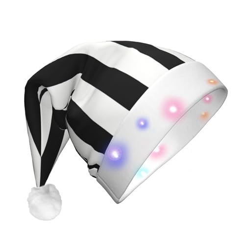 BREAUX Schwarz und Weiß Streifen Druck Flanell Nikolausmützen Unisex Weihnachten Nikolausmütze mit LED-Lichtern Plüschmütze von BREAUX