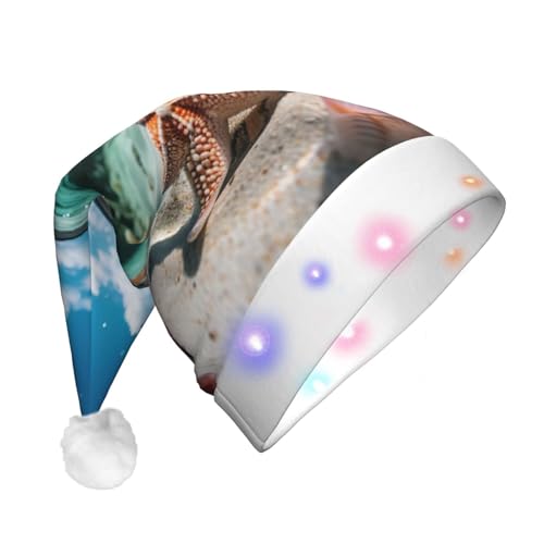 BREAUX Seestern und Koralle am Strand Druck Flanell Nikolausmützen Unisex Weihnachten Nikolausmütze mit LED-Lichtern Plüschmütze von BREAUX
