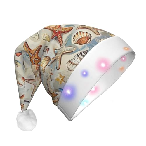 BREAUX Seestern und Muschelmuster Druck Flanell Nikolausmützen Unisex Weihnachten Nikolausmütze mit LED-Lichtern Plüschmütze von BREAUX