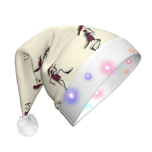 BREAUX Skelett Tanzen mit Regenschirm Druck Flanell Nikolausmützen Unisex Weihnachten Nikolausmütze mit LED-Lichtern Plüschmütze von BREAUX