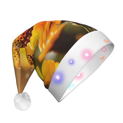 BREAUX Sonnenblume mit Schmetterlingsdruck Flanell Nikolausmützen Unisex Weihnachten Nikolausmütze mit LED-Lichtern Plüschmütze von BREAUX