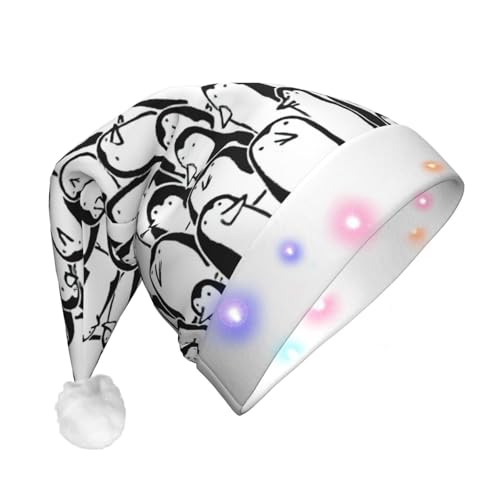 BREAUX Stilvolle Weihnachtsmannmütze mit Pinguin-Druck, Flanell, Unisex, Weihnachtsmannmütze mit LED-Lichtern, Plüschkappe von BREAUX