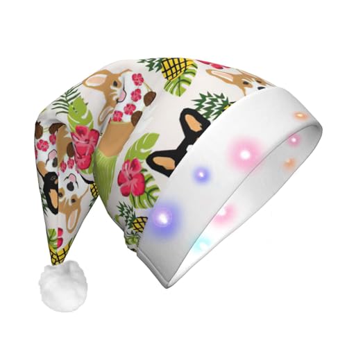 BREAUX Tropische Blume und Corgi Druck Flanell Nikolausmützen Unisex Weihnachten Nikolausmütze mit LED-Lichtern Plüschmütze von BREAUX