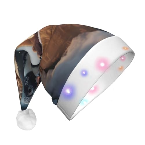 BREAUX Weihnachtsmann Pinguin Druck Flanell Nikolausmützen Unisex Weihnachten Nikolausmütze mit LED-Lichtern Plüschmütze von BREAUX