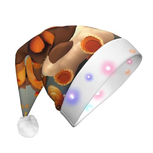 BREAUX Weihnachtsmannmütze mit tanzendem Bären-Druck, Flanell, Unisex, Weihnachtsmannmütze mit LED-Lichtern, Plüschkappe von BREAUX