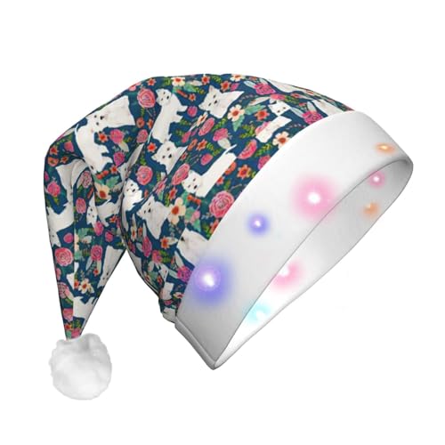 BREAUX Weißer Hund und Blumen Druck Flanell Nikolausmützen Unisex Weihnachten Nikolausmütze mit LED-Lichtern Plüschmütze von BREAUX