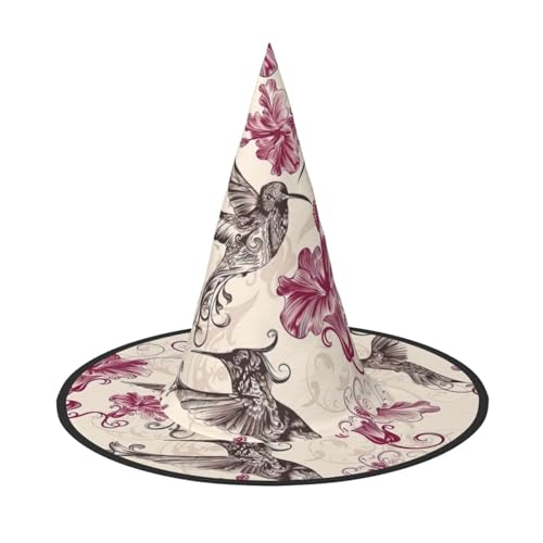 Wunderschöner Blumen- und Kolibri-Druck, Halloween-Hexen- und Zaubererhut, Hexenkostüm für Themendekoration, Halloween-Party von BREAUX