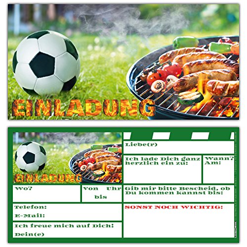 BREITENWERK 12 BBQ & Fussball Einladungskarten Set zum Kindergeburtstag Fußball-Party Grill-Fest - Einladungen für Jungen Mädchen und Erwachsene von BREITENWERK