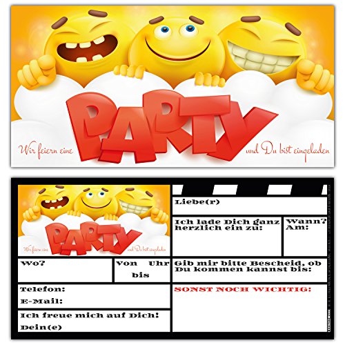 BREITENWERK 12 Smiley Einladungskarten im Set zum Ausfüllen - Coole Emoji Geburtstags-Einladungen für Jungen und Mädchen Kindergeburtstag Party von BREITENWERK