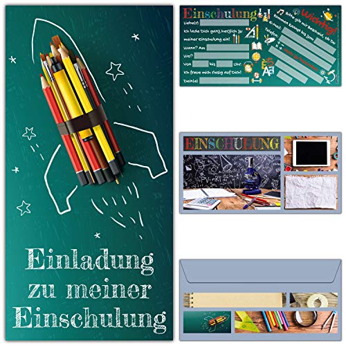 12 Einschulung Einladungskarten RAKETE im Set mit Umschlägen - Einladung zum Schulanfang Schuleingang Schulbeginn Karten für Kinder von BREITENWERK von BREITENWERK