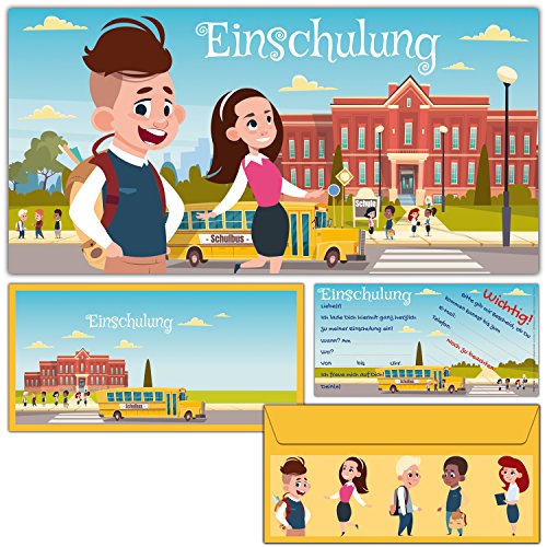 BREITENWERK 12er Karten-Set Einschulung Einladungskarten inklusive Umschläge - Einladungen zum Schulanfang Schulbeginn Schuleingang für Kinder von BREITENWERK