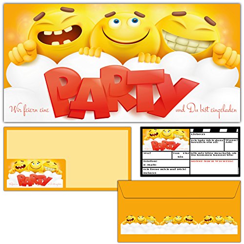 BREITENWERK 12er Karten-Set Smiley Einladungskarten mit passenden Umschlägen - Coole Emoji Einladungen für Jungen Mädchen Kinder-Geburtstag Party von BREITENWERK