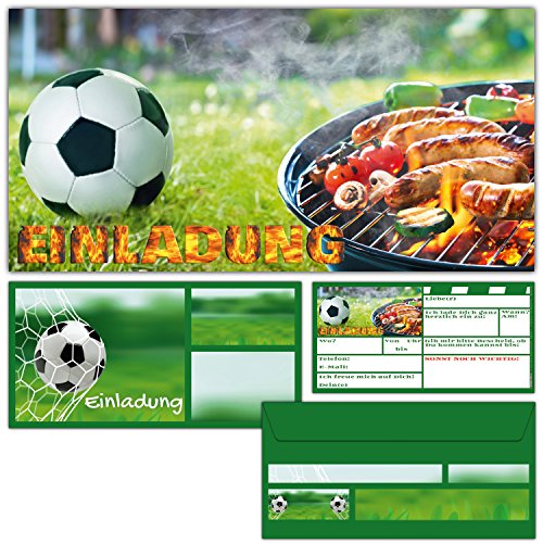 BREITENWERK 12er Set Fussball & Grillen Einladungskarten mit Umschlägen - Fußball Einladungen für BBQ Grill-Party Jungen Mädchen Kindergeburtstag von BREITENWERK