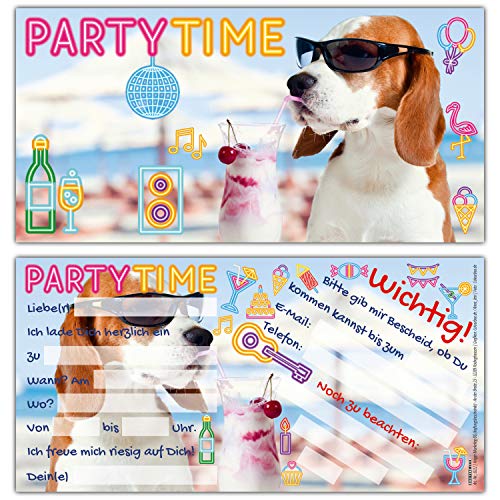 BREITENWERK 12er Set PARTY-HUND Einladungskarten - lustige Premium Einladung zum Kinder-Geburtstag oder Party für Jungen Mädchen & Erwachsene von BREITENWERK