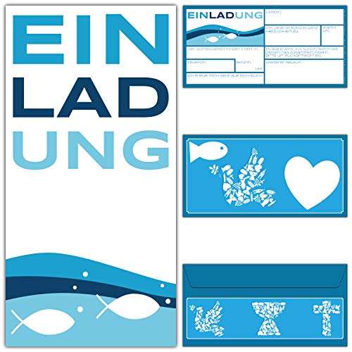 15 Einladungskarten FISCHE mit Umschlag zur Kommunion Konfirmation Taufe zum Ausfüllen - Premium Einladungen für Jungen & Mädchen von BREITENWERK von BREITENWERK