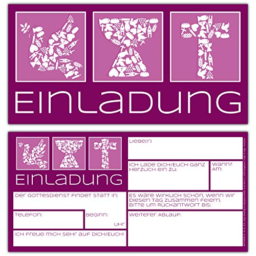 15er Set Einladungskarten SYMBOLE zur Kommunion Konfirmation Taufe - edle Einladungen in Purpur zum Ausfüllen für Mädchen & Jungen von BREITENWERK von BREITENWERK