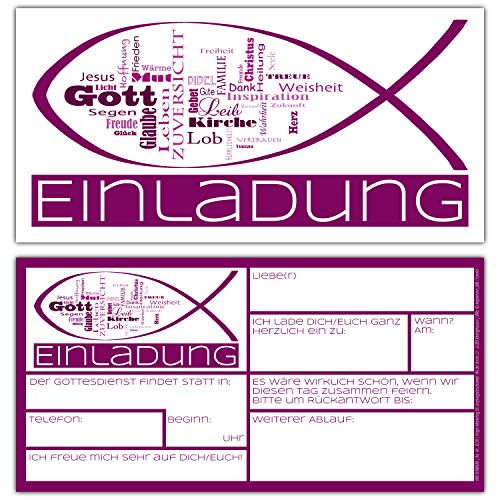 15er Set Einladungskarten WORTWOLKE zur Kommunion Konfirmation Taufe - edle Einladungen in Purpur zum Ausfüllen für Mädchen Jungen von BREITENWERK von BREITENWERK