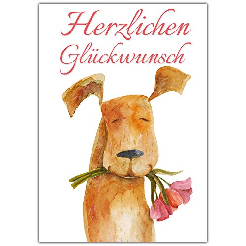 BREITENWERK A4 XXL Glückwunschkarte HUND MIT BLUME mit Umschlag - edle Klappkarte geeignet für alle Anlässe wie Geburtstag Hochzeit Jubiläum Karte von BREITENWERK