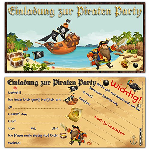 BREITENWERK 12 Piraten Einladungskarten im Set zum Ausfüllen - ideale Einladungen für Jungen und Mädchen Kinder-Geburtstag Party oder Schatzsuche von BREITENWERK