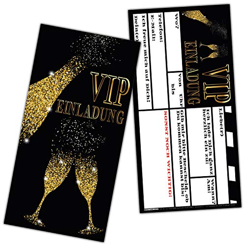 VIP EINLADUNG BUBBLES Kartenset XL (24 Stück) edle Einladungskarten in Schwarz & Gold für VIP Party Silvester Einweihung Geburtstag von BREITENWERK von BREITENWERK
