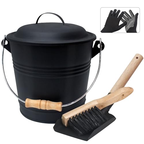BRIAN & DANY Ascheeimer mit Deckel, Feuerfest Runder Kohleeimer für Kamine, 5L Eimer mit Schaufel und Handbesen, Werkzeugset Zubehör für Feuerstelle, Holzofen von BRIAN & DANY
