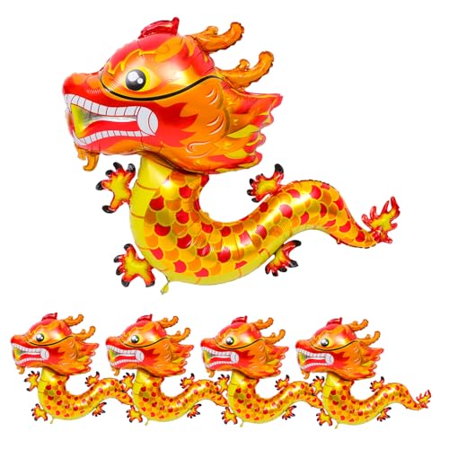 BRIGHTFUFU 5 Stück Chinesische Drachenfolienballons Rote Luftballons für Neujahrsdeko Cartoon Design Einfach Aufblasbar Langlebig Partydekoration für Familie Festlichkeiten und von BRIGHTFUFU