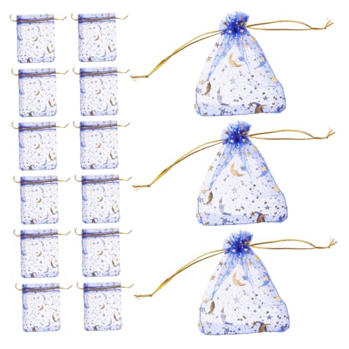 BRIGHTFUFU 50 Stück Teiliges Organza geschenksäckchen mit Kordelzug Schmuckbeutel mit Mond Stern motiv Edle Blaue Organzabeutel für Hochzeit Geburtstag Party Schmuckaufbewahrung von BRIGHTFUFU