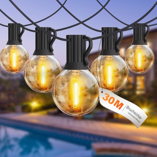 BRIMAX 30M LED Lichterkette Aussen, AC220-240V Strom, IP44 Wasserdicht, 46+4 G40 1W E12 Birnen, 2200K Warmweiss, Erweiterbare Lampenkette für Camping Weihnachtsmarkt Biergarten Party BRIMAX 30M LED Lichterkette Aussen, AC220-240V Strom, IP44 Wasserdicht, 46+4 G40 1W E12 Birnen, 2200K Warmweiss, Erweiterbare Lampenkette für Camping Weihnachtsmarkt Biergarten Party von BRIMAX