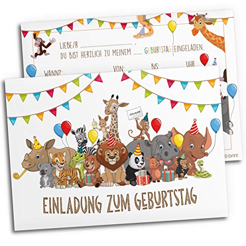 12x Einladungskarten für Kindergeburtstag | Safari-Tiere | Für Jungen & Mädchen | Einladungskarten Geburtstag Kinder Junge Zoo | Partyeinladungen Jungs Mitgebsel Löwe bunt Geburtstagseinladungen von brint.