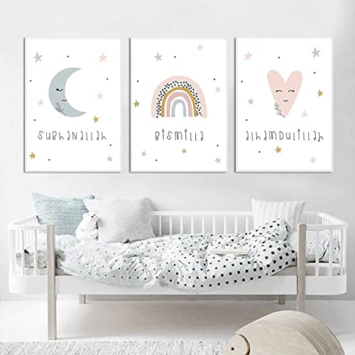 BROLEO Kinderzimmer-Wandposter islamisches Leinwandgemälde Mond-Sterne-Kunstdrucke Regenbogen-Gemälde nordische Poster Baby-Mädchen-Schlafzimmer-Dekor/kein Rahmen von BROLEO