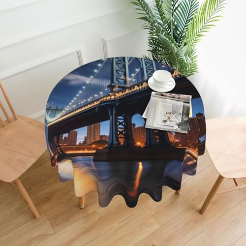 BROLEO New York Manhattan Bridge Night Druck, rund, 152,4 cm, wasserdicht und schmutzabweisend, geeignet für Restaurants von BROLEO