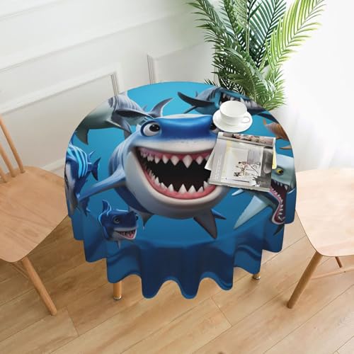 BROLEO Runde Tischdecke, Motiv: Cartoon-Haie, 152,4 cm, wasserdicht und schmutzabweisend, geeignet für Restaurants von BROLEO