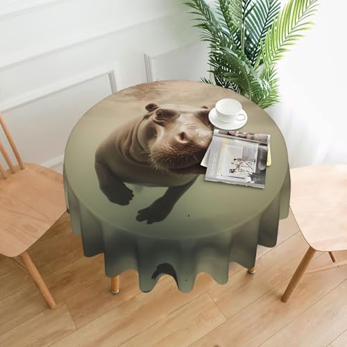 BROLEO Runde Tischdecke mit Nilpferd-Druck, 152,4 cm, wasserdicht und schmutzabweisend, geeignet für Restaurants von BROLEO