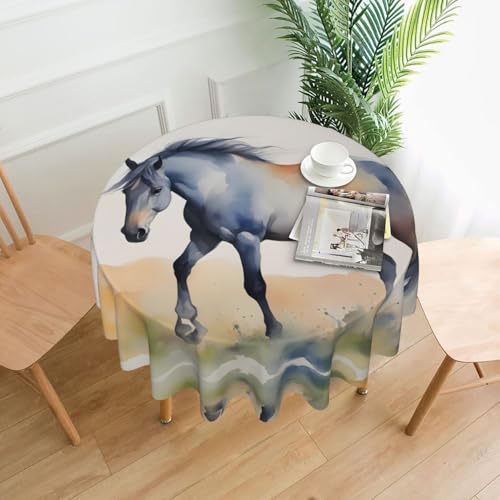 BROLEO Runde Tischdecke mit Wasserfarbenpferd-Druck, 152,4 cm, wasserdicht und schmutzabweisend, geeignet für Restaurants von BROLEO