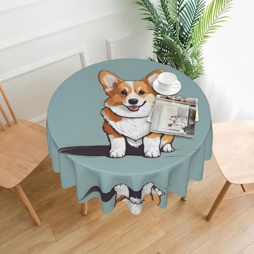 BROLEO Süße Corgi-Tischdecke, rund, 152,4 cm, wasserdicht und schmutzabweisend, geeignet für Restaurants von BROLEO